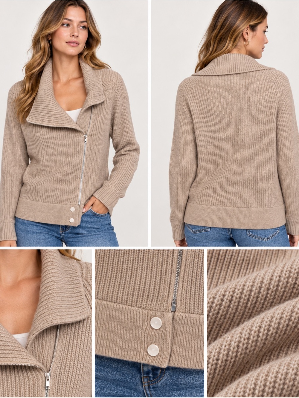 BiBi Taupe Asymmetrical Zip Cowl Neck Knit Jacket Cardigan L